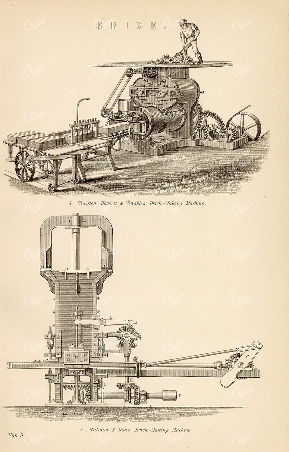 MACHINERY - The Brick Making Machine, Antique 1880's Artwork