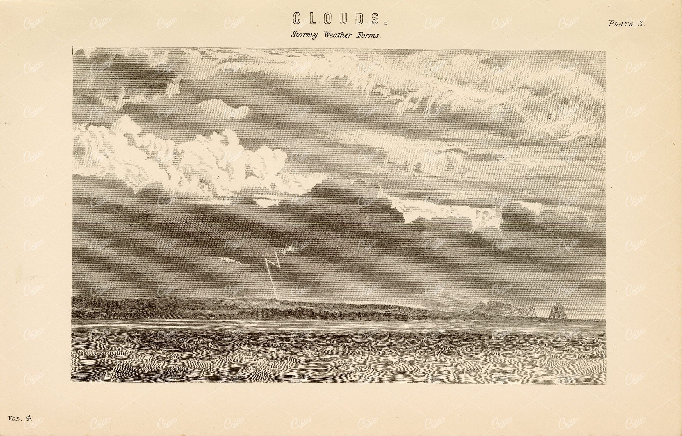 CLOUDS - Stormy Weather Forms, Antique Encyclopaedia Plate 1880