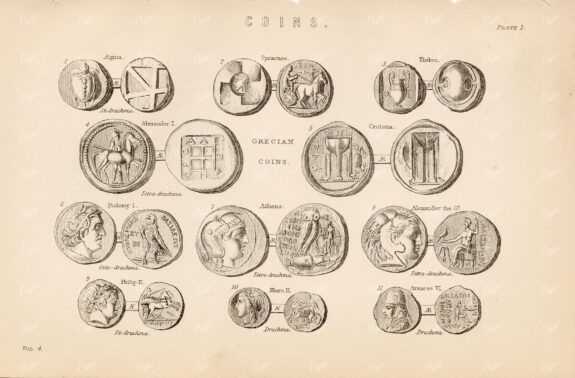 COINS - Grecian Coins, Athens, Crotona, Hiero II, Antique Artwork 1880