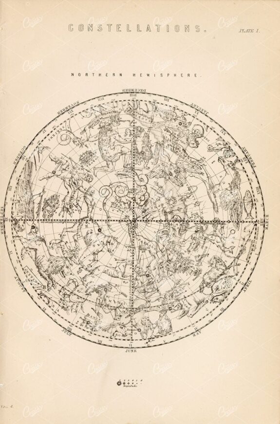 ASTRONOMY - Constellations of the Northern Hemisphere, 1880 Vintage Print