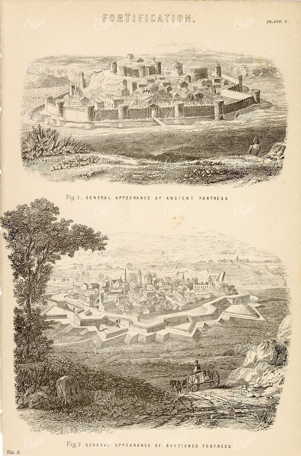 FORTIFICATION - Ancient Fortress, Bastioned Fortress - Antique 1880 Artwork