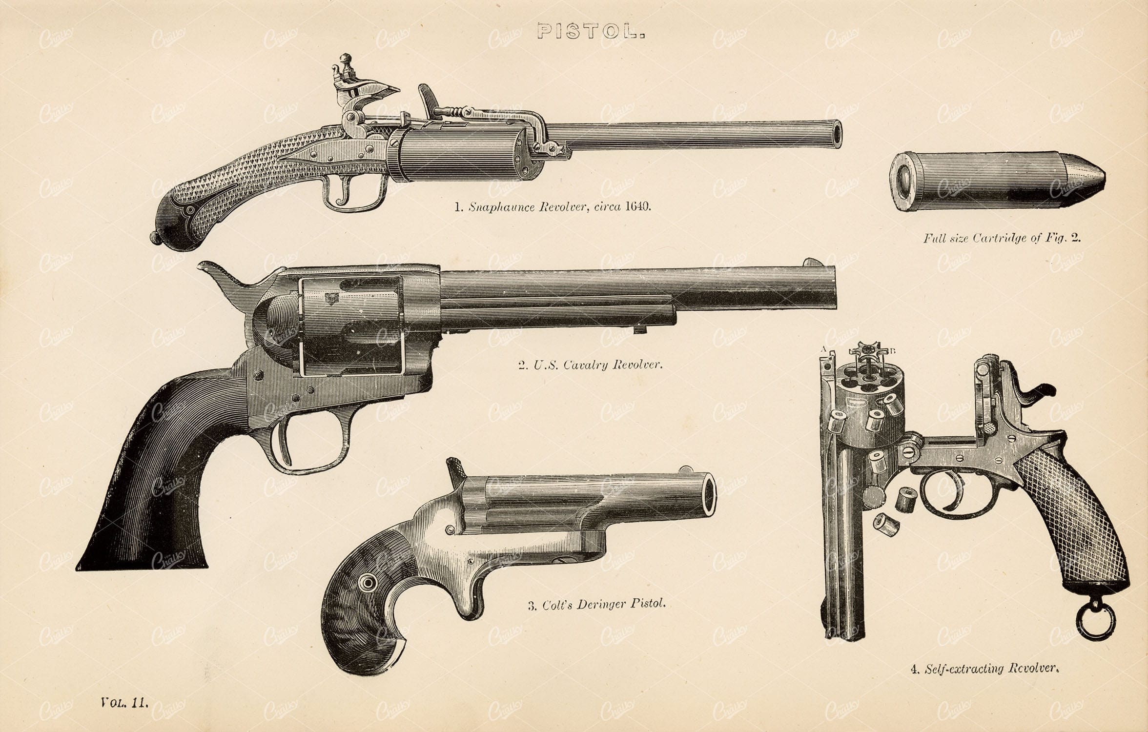 GUNS Antique Print of Revolver Pistols. Encyclopaedia Plate