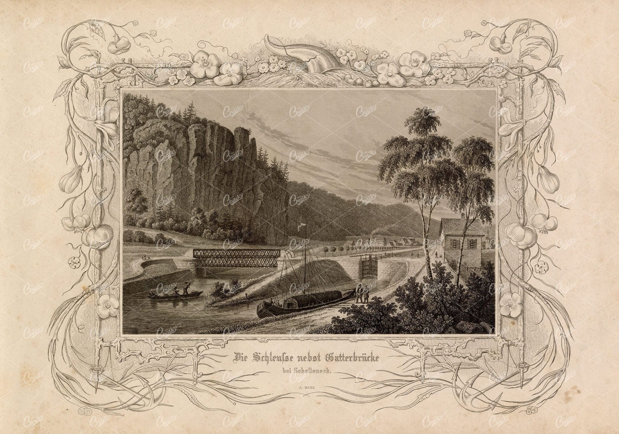 DECORATIVE Frame - Die Schleuse nebst Gatterbücke - Vintage Art 1847