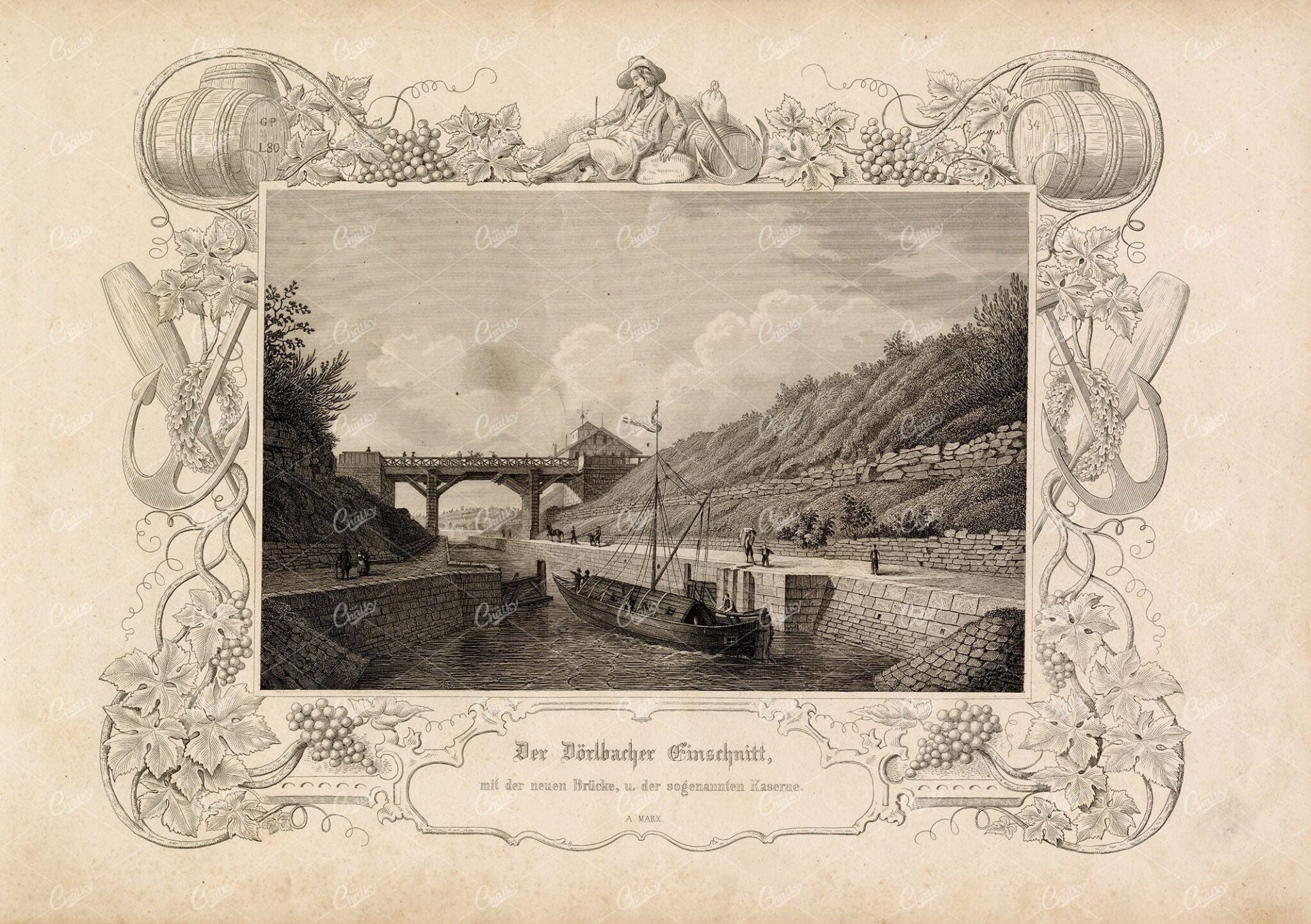 GERMAN - Der Dörlbacher Einschnitt - Nürnberg Marx Stahlstich Antique Print