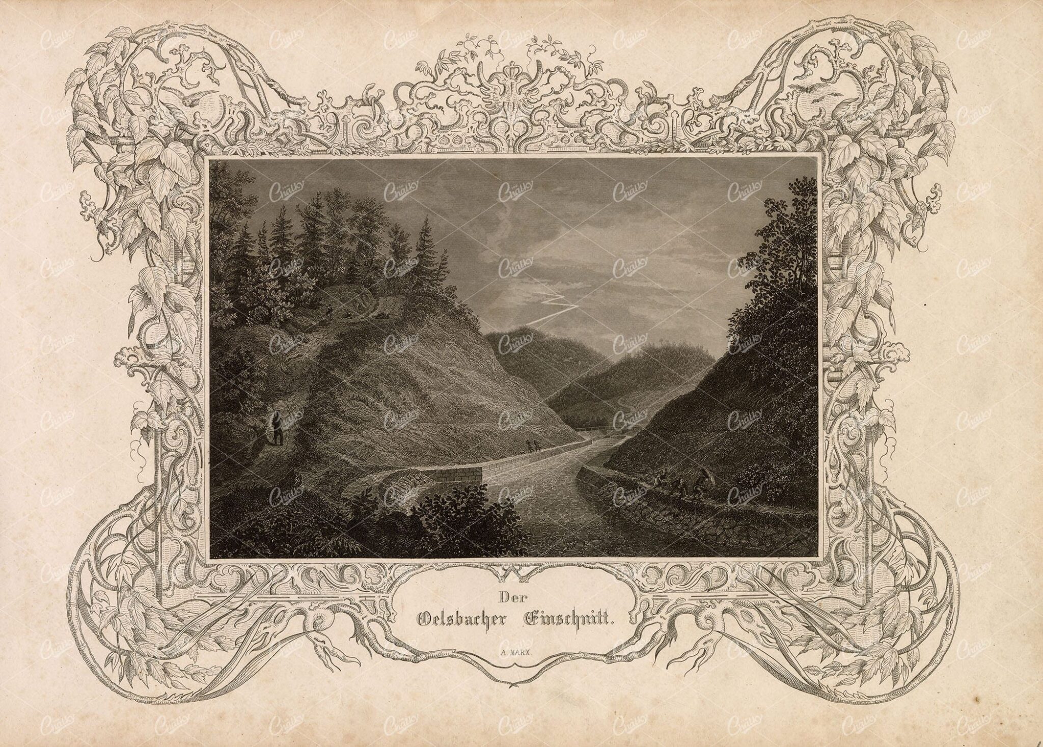 DECORATIVE Border - Der Oelsbacher Einschnitt Antique Engraving - 1847