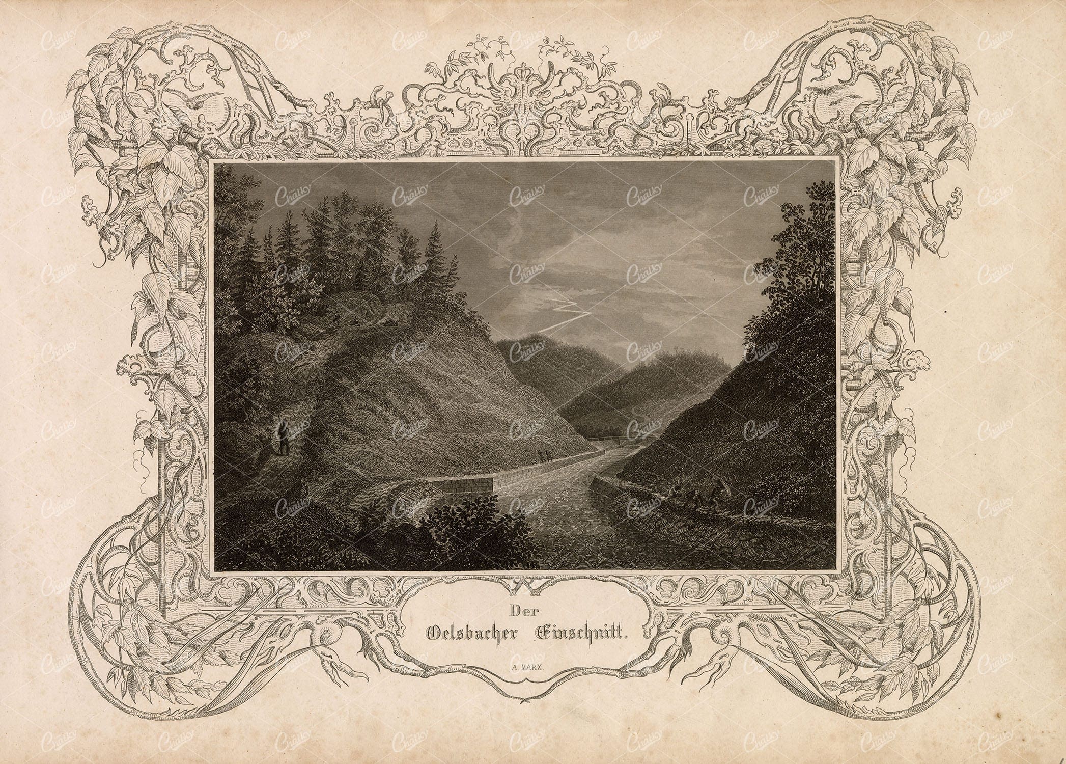 DECORATIVE Border - Der Oelsbacher Einschnitt Antique Engraving - 1847