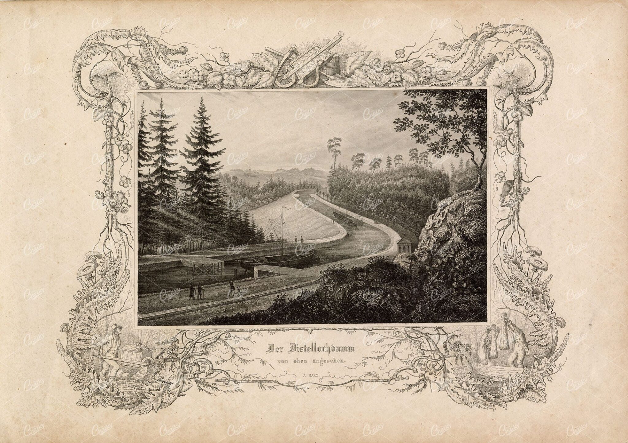 CANAL - Antique Engraving of 'Der Distellochdamm' Germany 1847