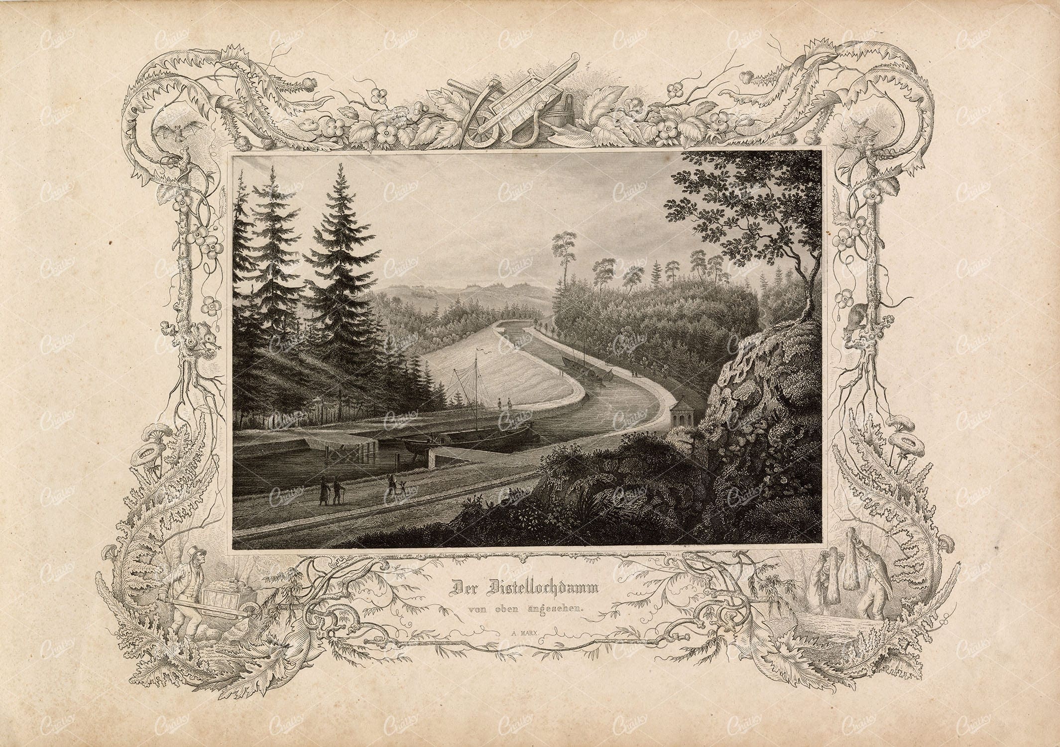 CANAL - Antique Engraving of 'Der Distellochdamm' Germany 1847