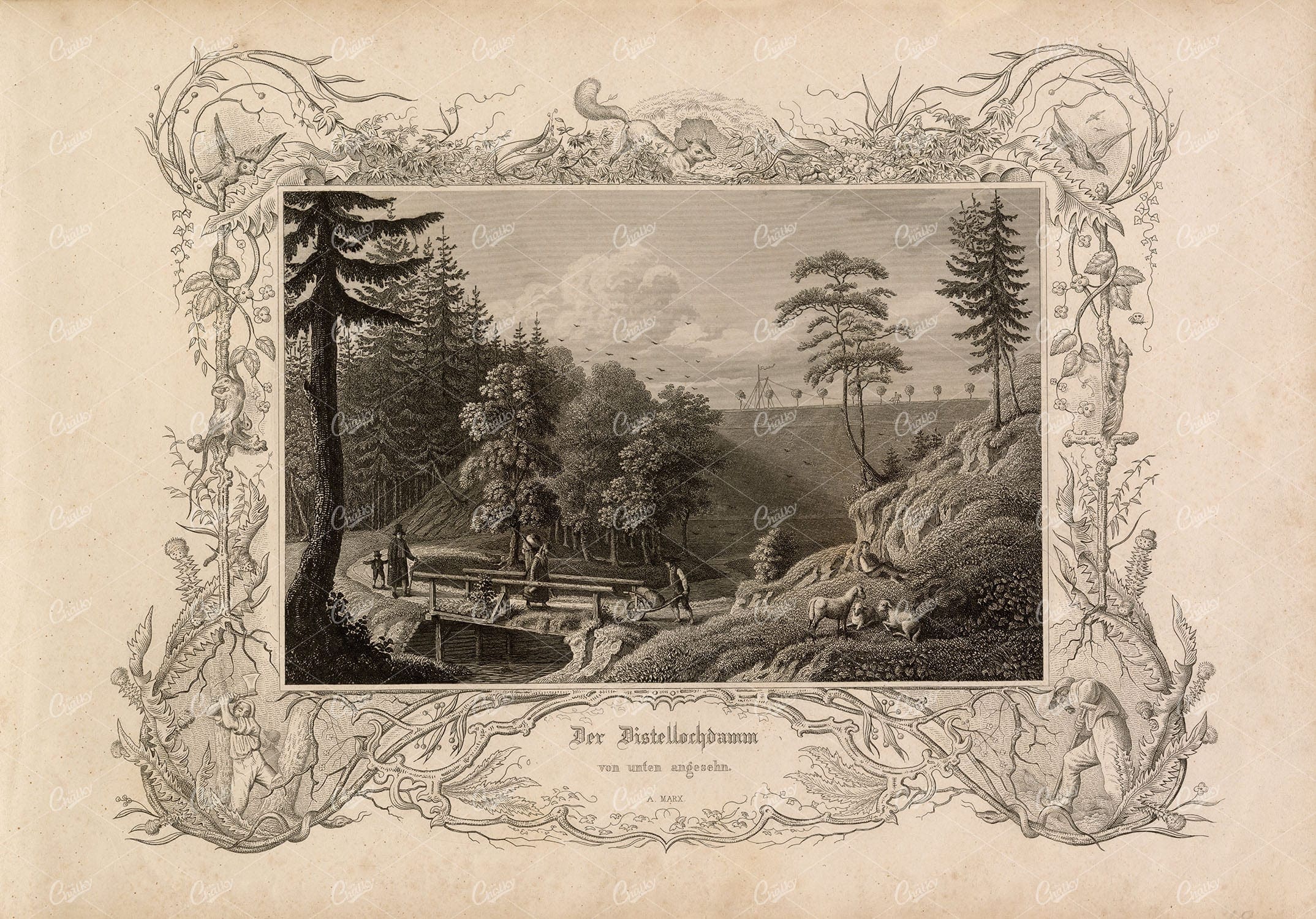 CANAL - Antique Steel Engraving of 'Der Distellochdamm' Marx, Alexander