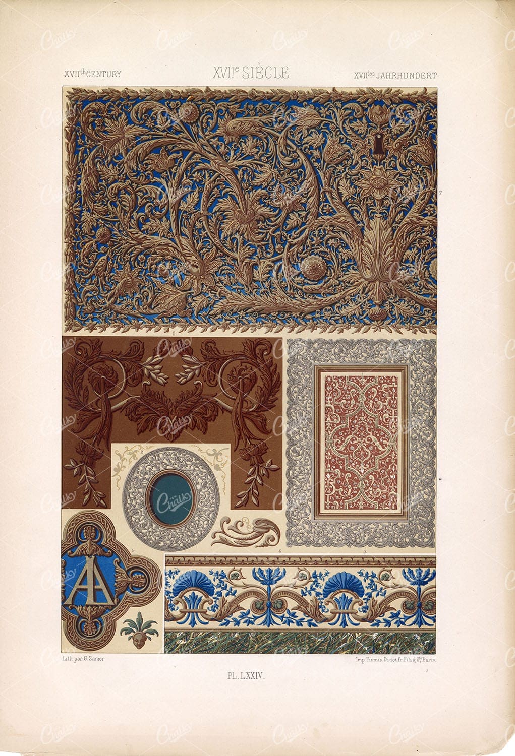 DECORATIVE Floral Design Elements Plate LXXIV 1873 RACINET
