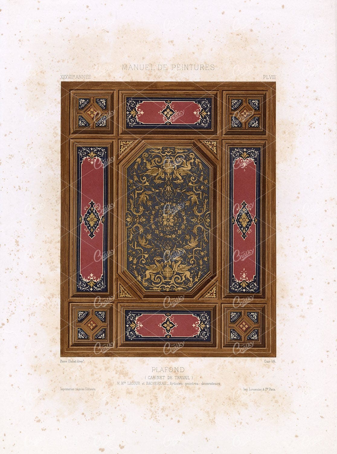 ARCHITECTURE - Decorative Ceiling of Study - Vintage Decor 1850 Large