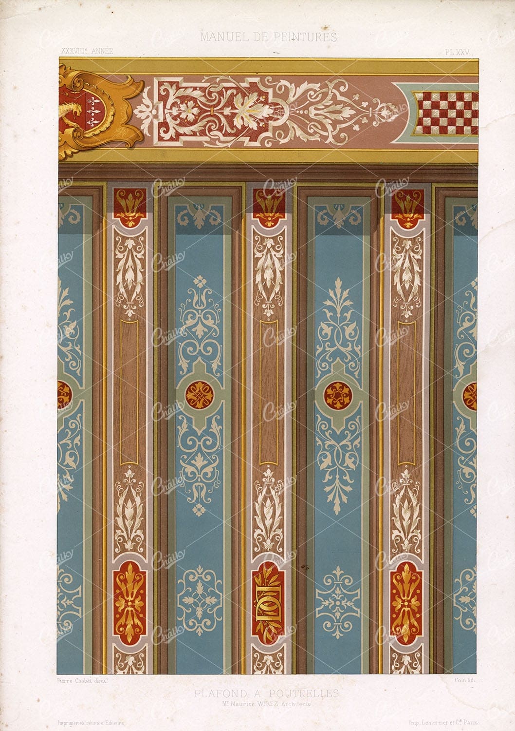 ACHITECTURE - Decoration Design for Joist Ceiling - Large French Lithography