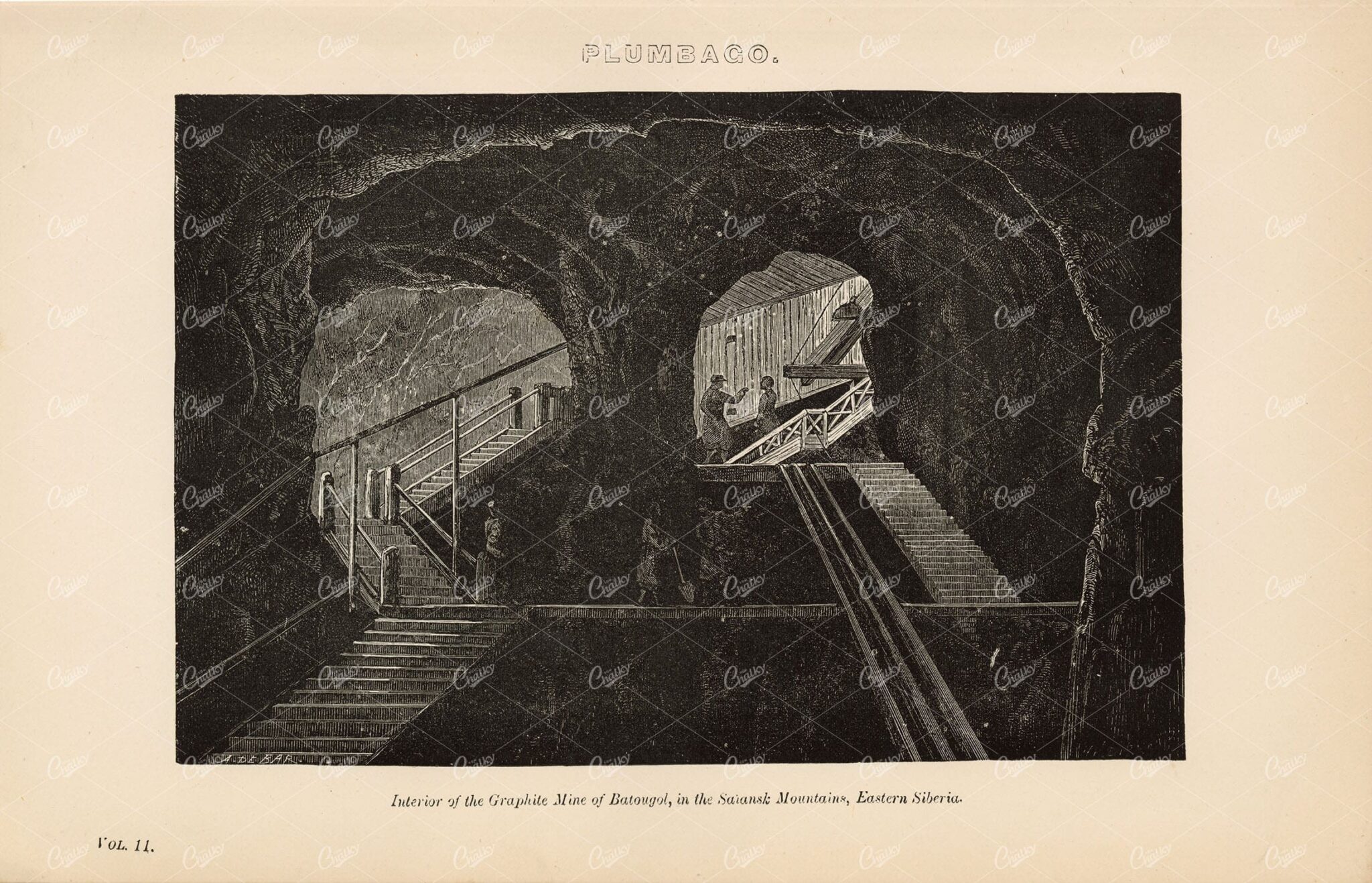 PLUMBAGO Interior of the Graphite Mine of Batougol. 1880 Antique Print