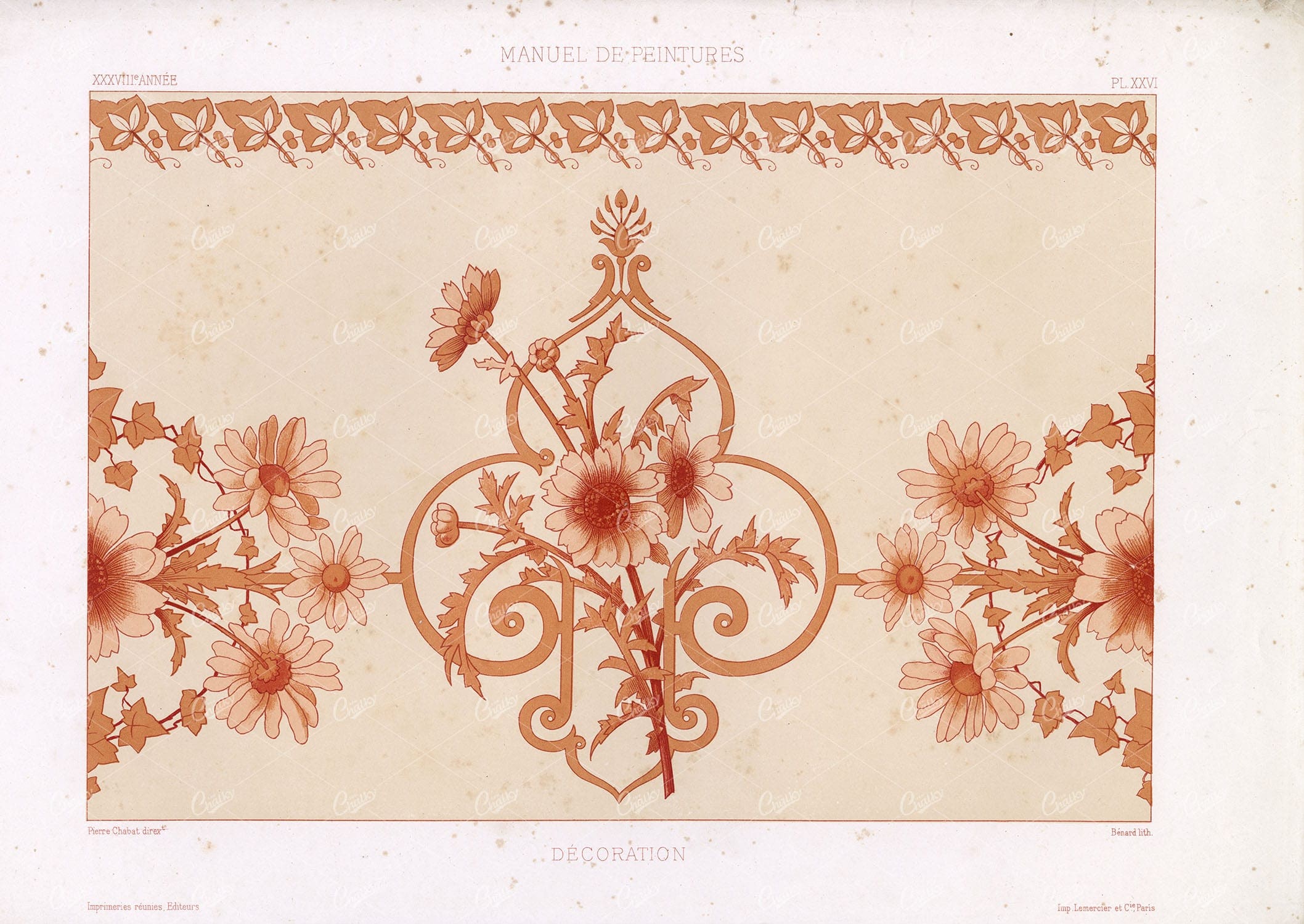 VINTAGE Floral Decoration - Large Antique French Lithograph - 1850