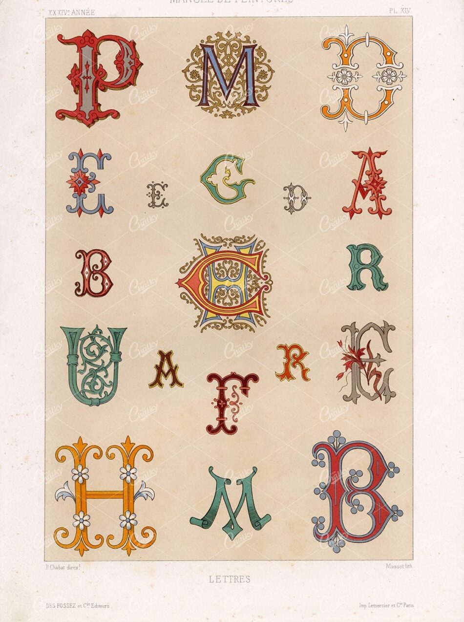 TYPOGRAPHY - Antique Ornamental Decorative Capital Letters - 1850