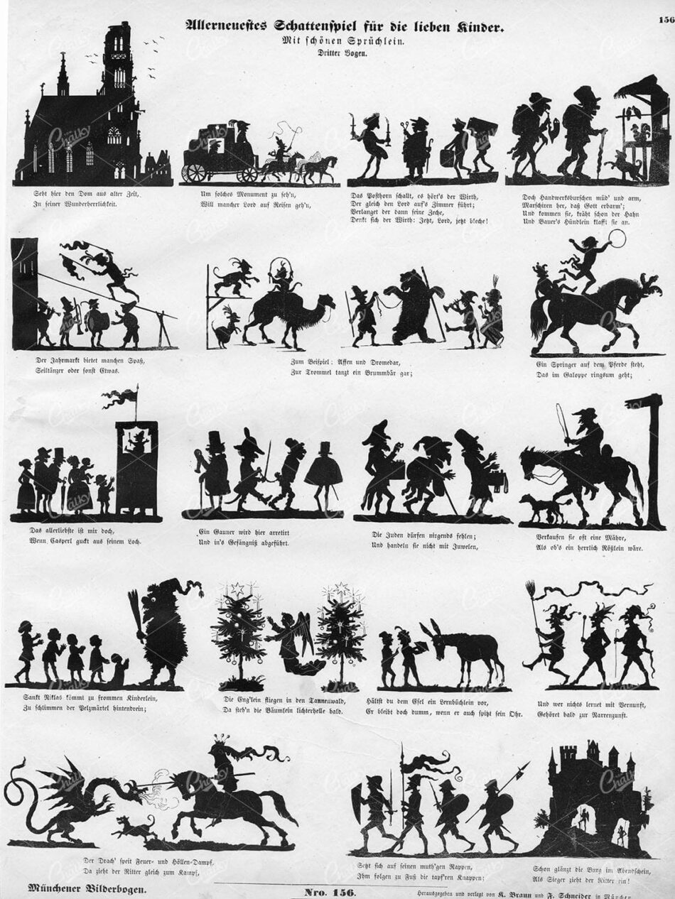 German Shadow Puppet Theatre Sheet - Silhouette Figures With Folk Scenes