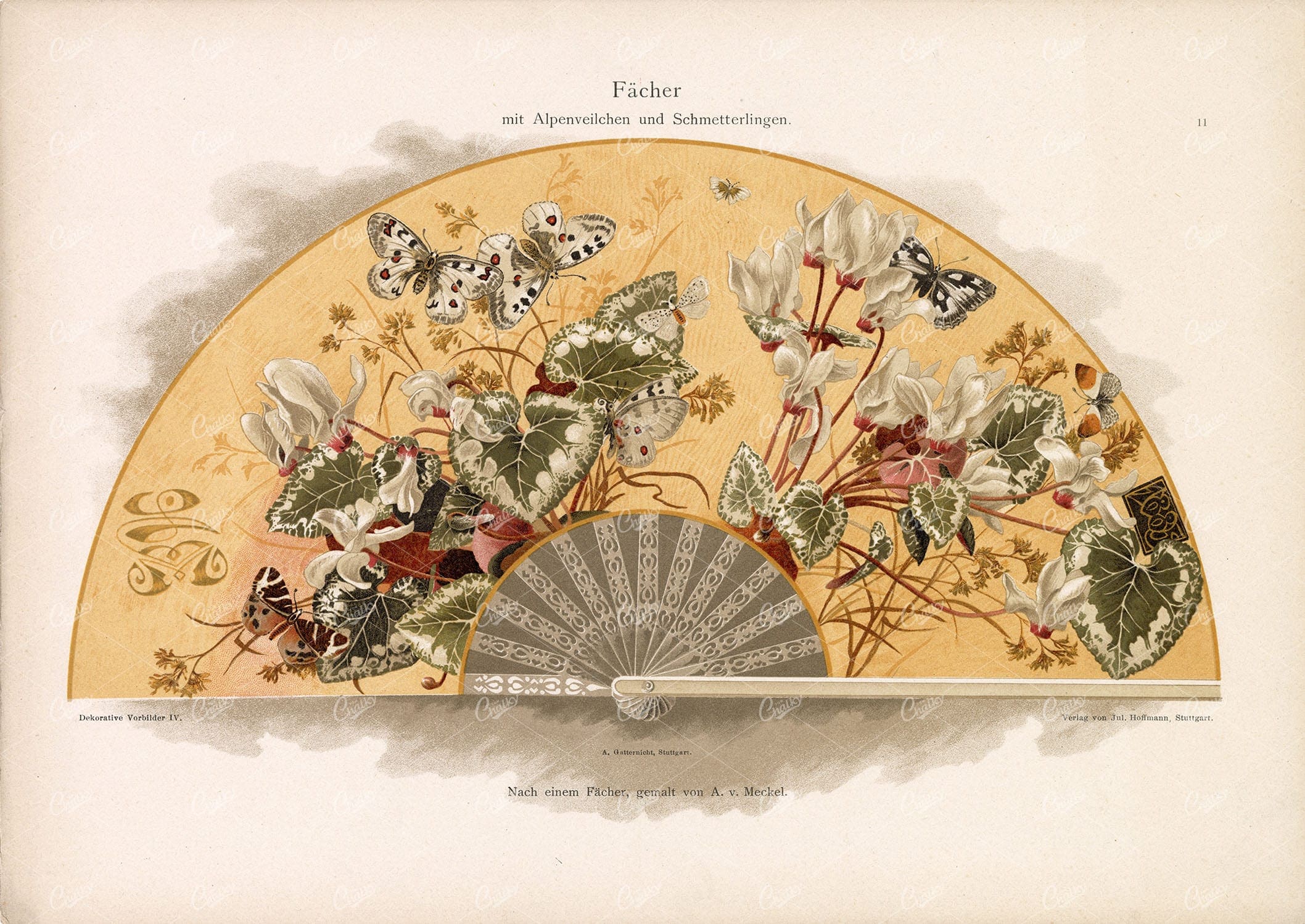 BUTTERFLIES with Cyaclamen - Antique Fan Design by A. V. Meckel 1904
