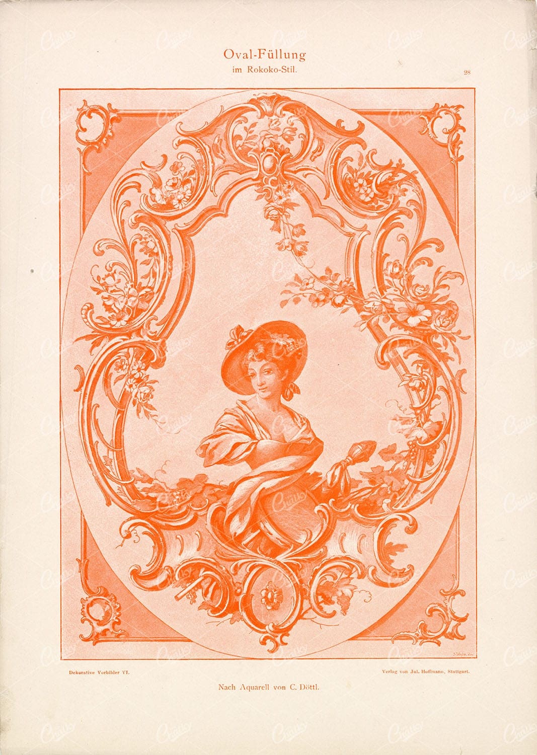 ROCOCO Style Oval FIlling - Antique Print - by C. Dottl