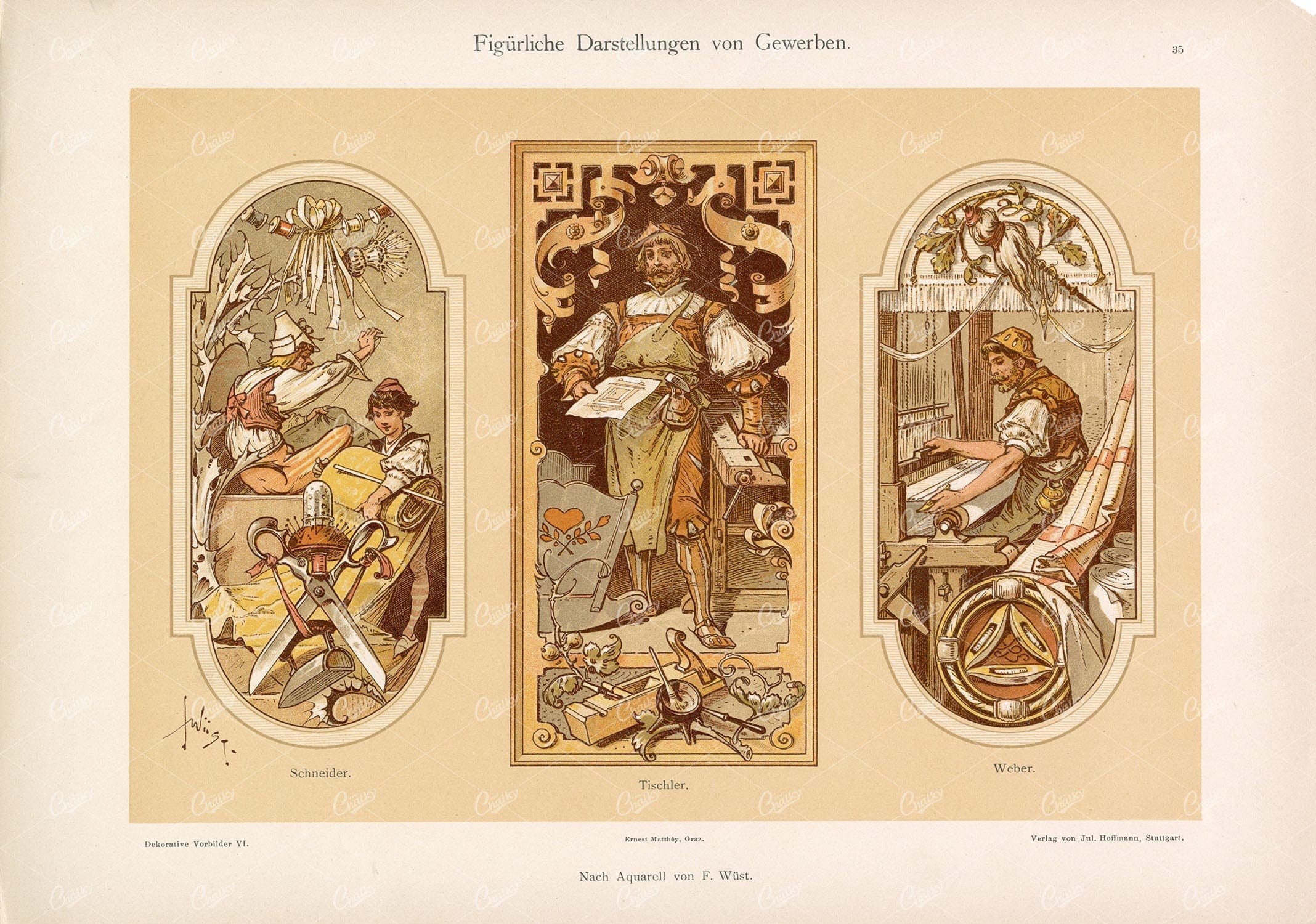 CARPENTER, Tailor, Weaver - Tradesmen - Antique Artwork by F. Wust