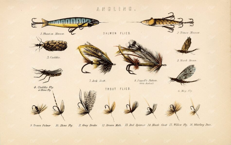 FISHING A Variety of Angling Lures. Antique Coloured Lithograph