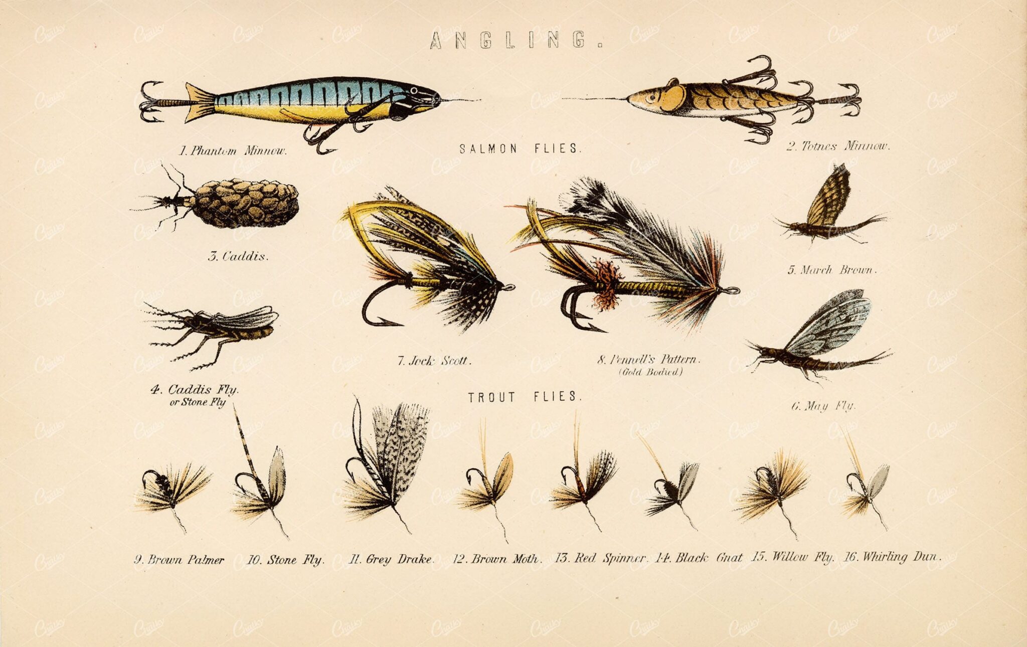 FISHING A Variety of Angling Lures. Antique Coloured Lithograph
