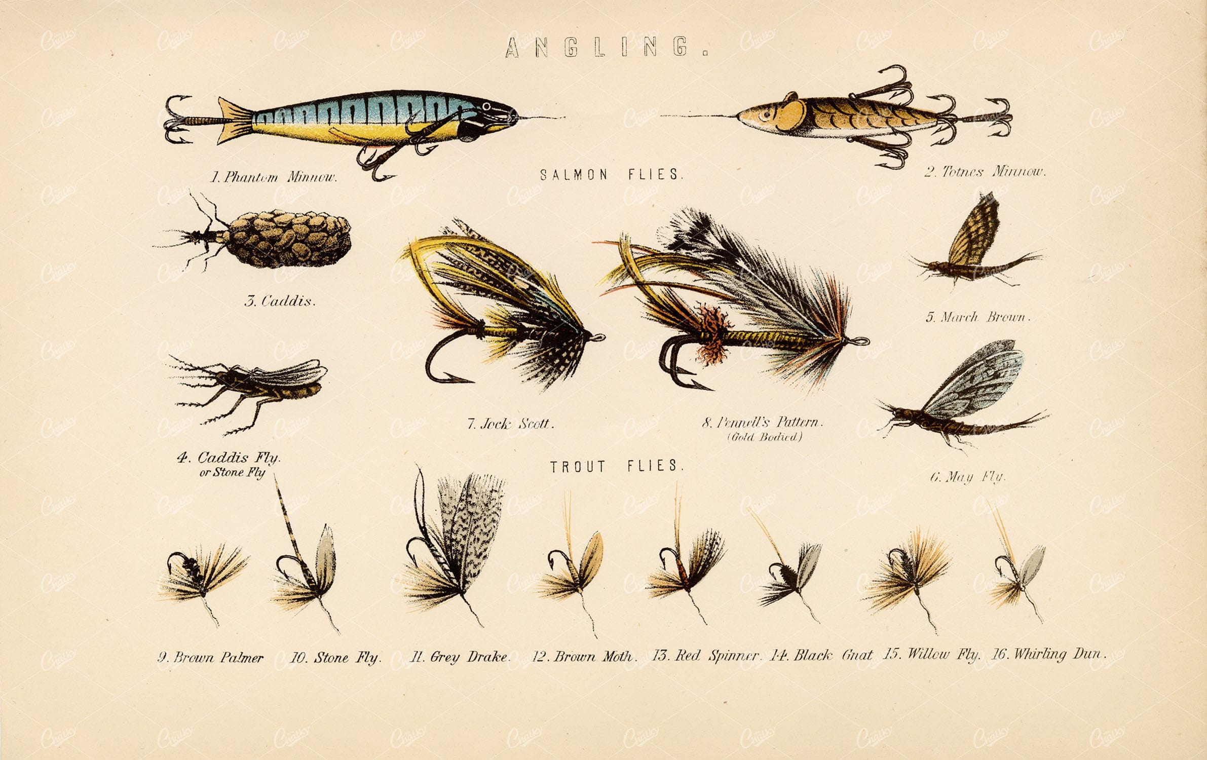 FISHING A Variety of Angling Lures. Antique Coloured Lithograph