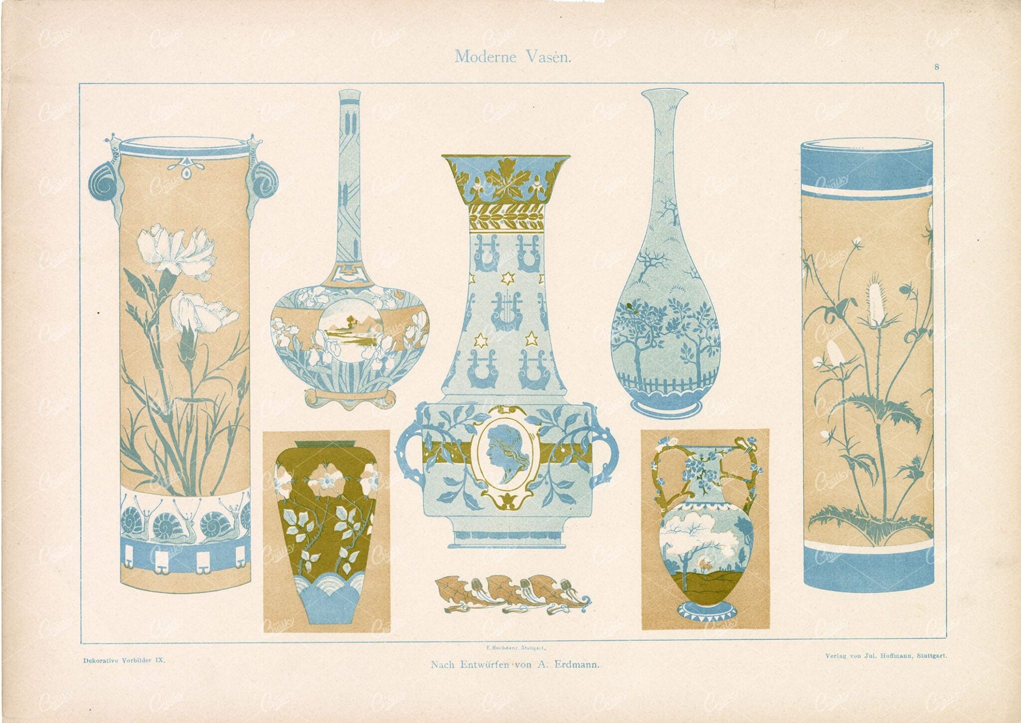 DECORATIVE Floral Vase Designs - Antique Print by A. Erdmann