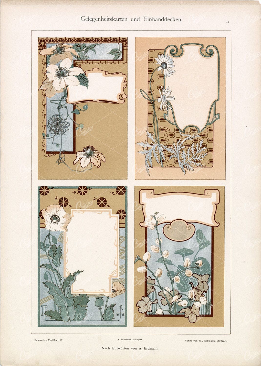 DECORATIVE Antique Print - Various Greetings Cards - by A. Erdmann
