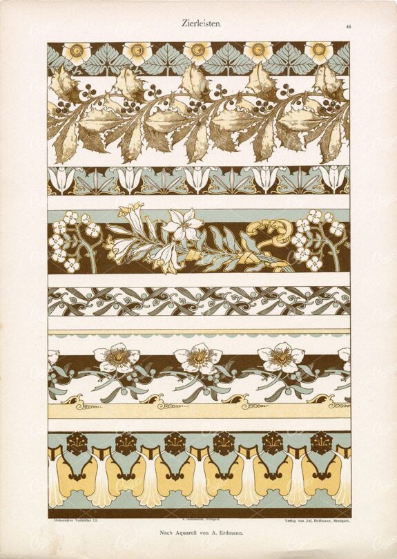 ORNAMENTAL Floral Borders by A. Erdmann - Antique Print