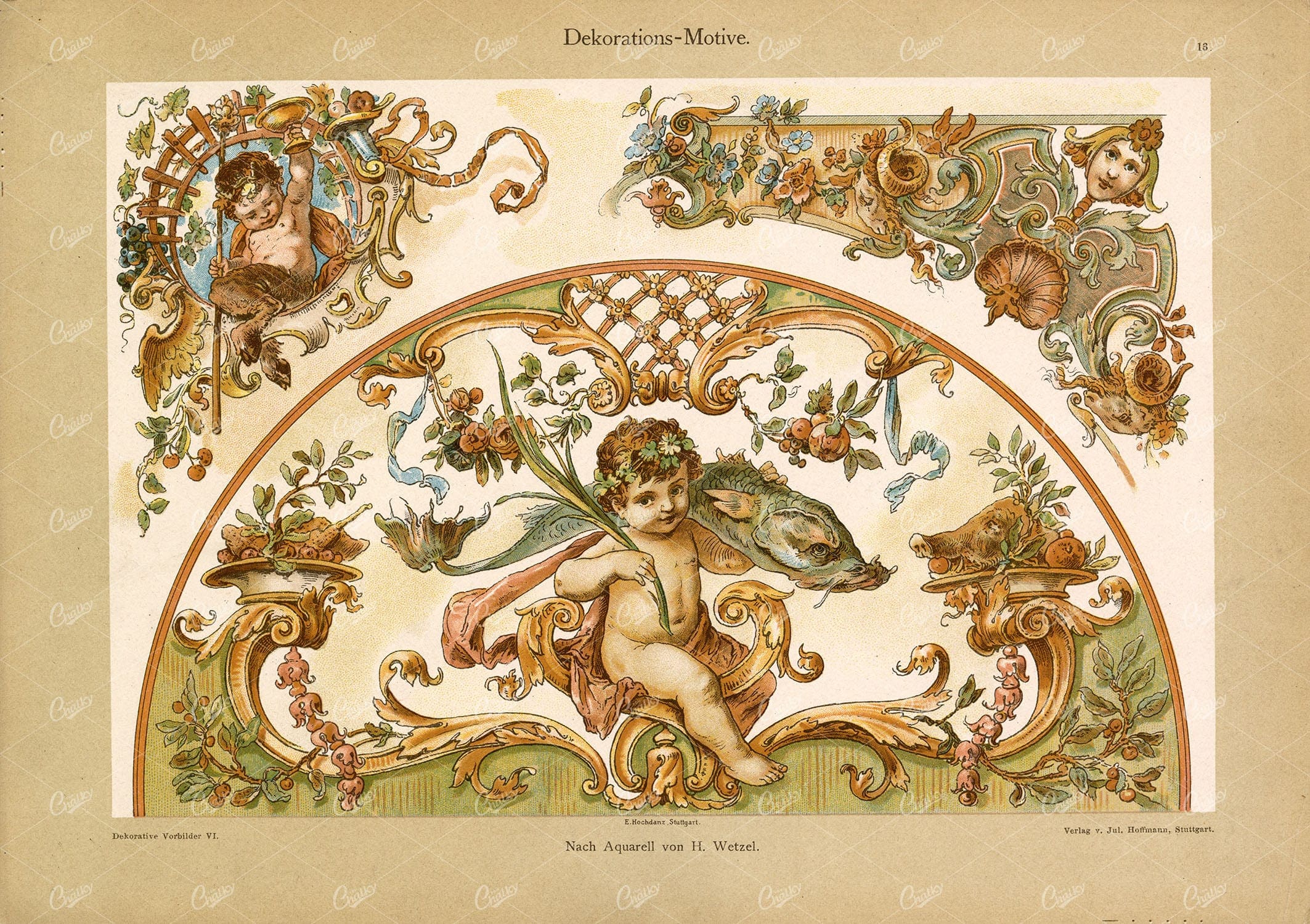VARIOUS Ornate Decorations with Cherubs by H. Wetzel - Antique Artwork 1904