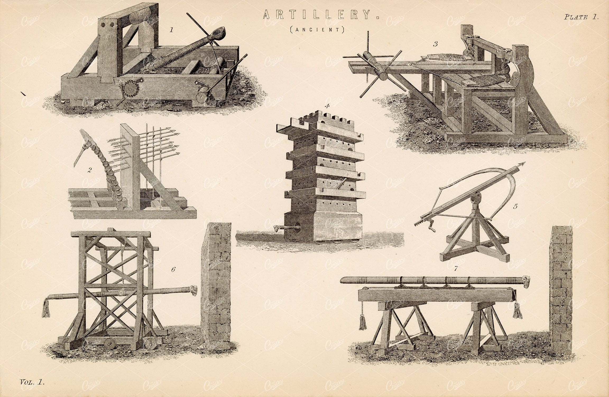 WEAPONS Ancient Artillery. Battle Ram, Bow and Arrow, etc. Antique Artwork
