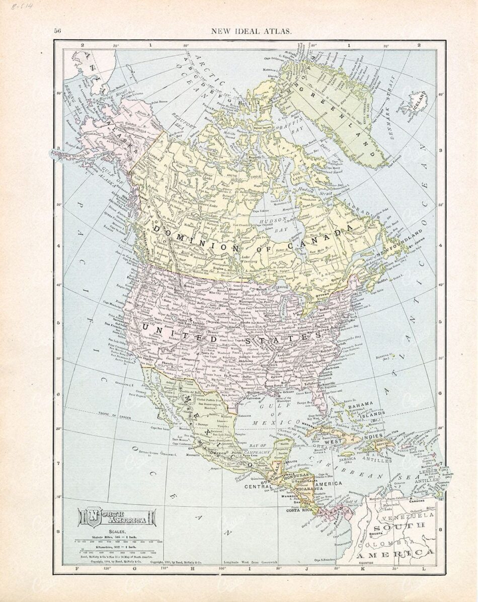 North America Map – Rand Mcnally Atlas Plate with Soft Color Tints