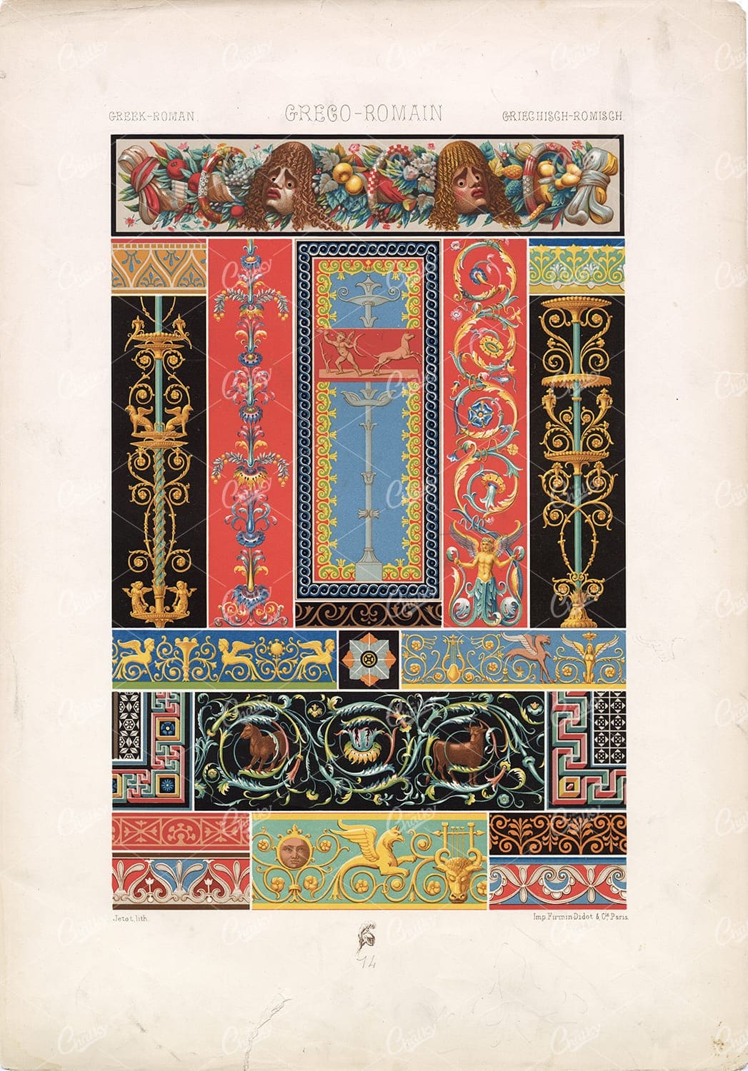 GREEK Roman - Colourful Decorative Friezes and Borders - Racinet Lithograph