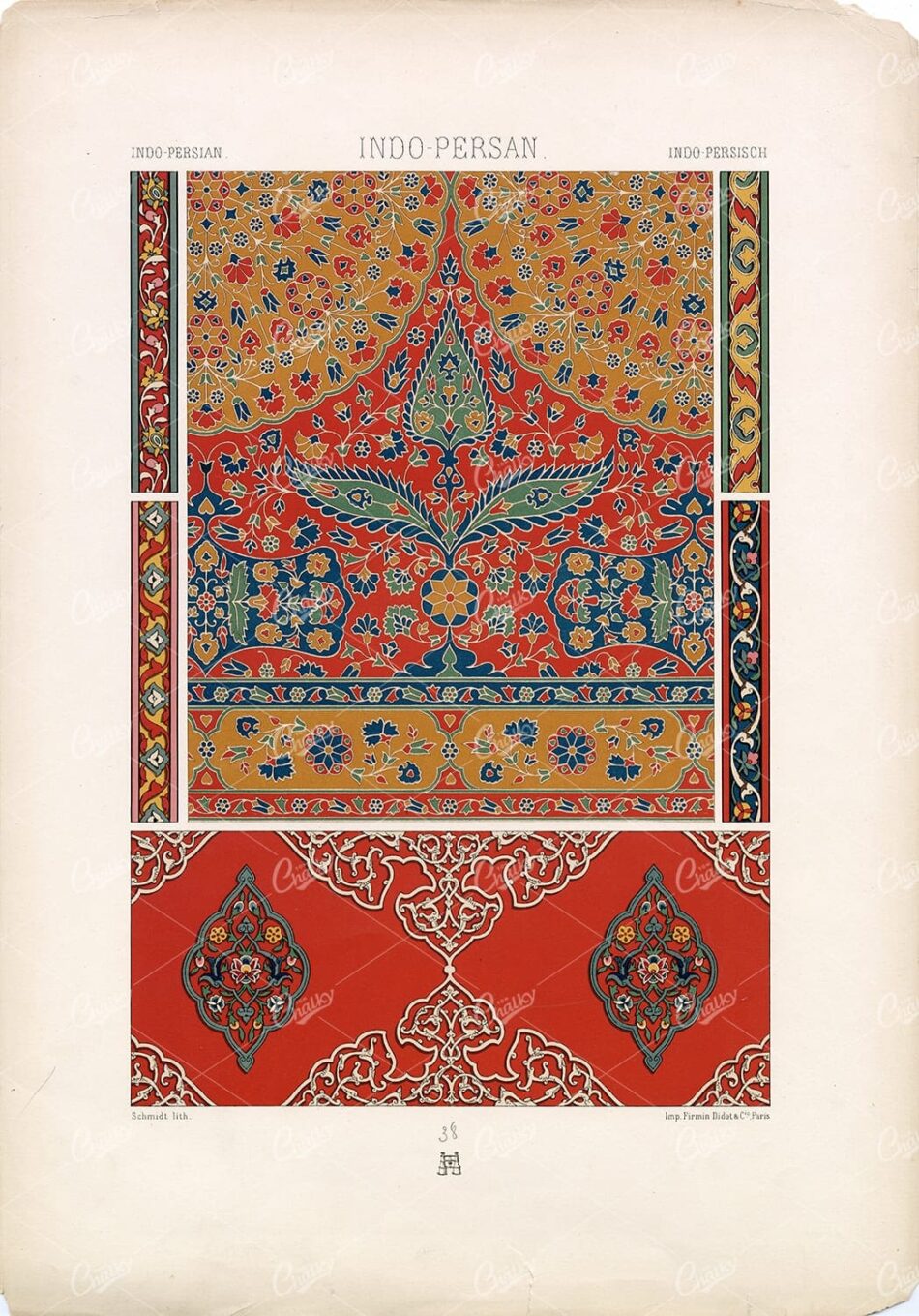 DECORATIVE Indo-Persian - Floral Ornamental Design - Racinet Lithograph