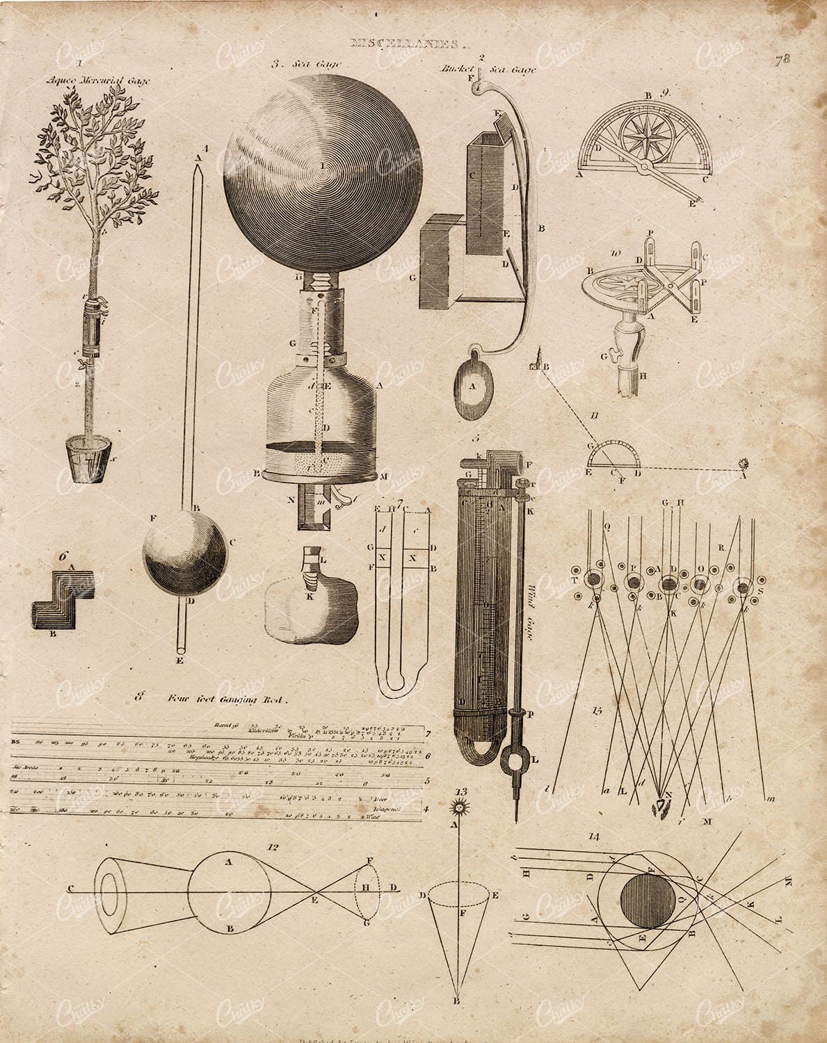 ANTIQUE Print of Various Gages - Wind, Sea, Mercurial - Rare REES 1800s