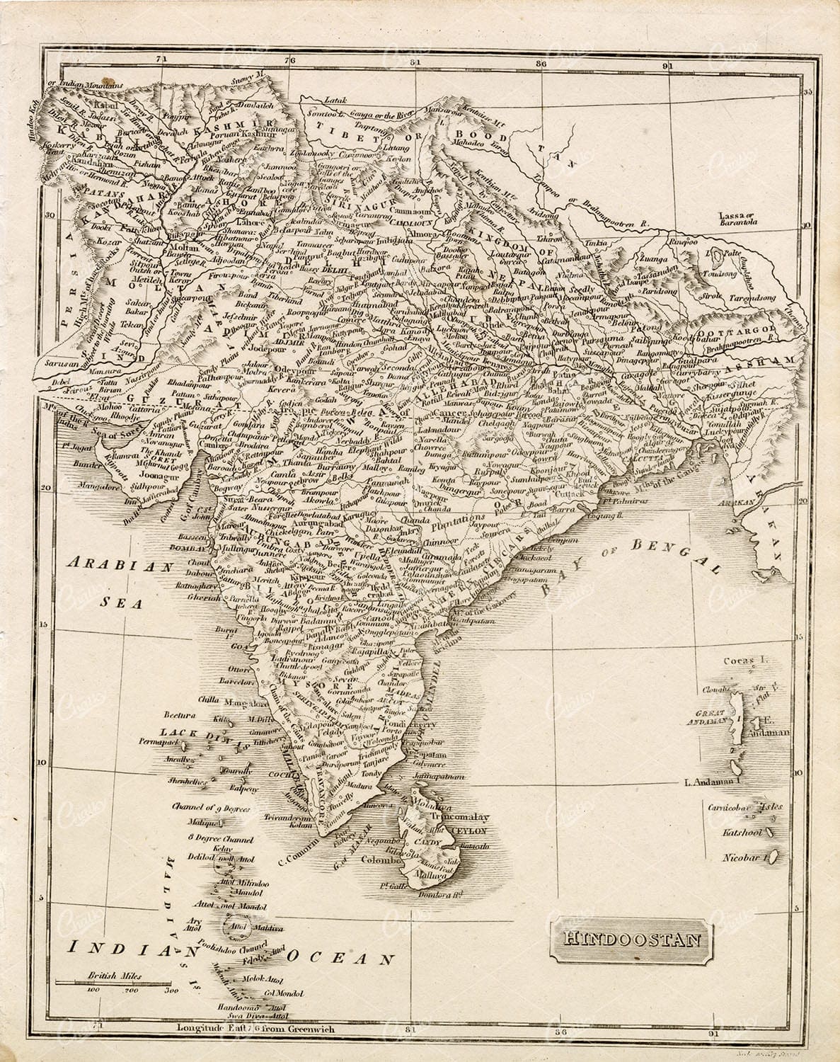 MAPS - Antique Map of HINDOOSTAN from RARE Abraham REES Encyclopaedia 1800s