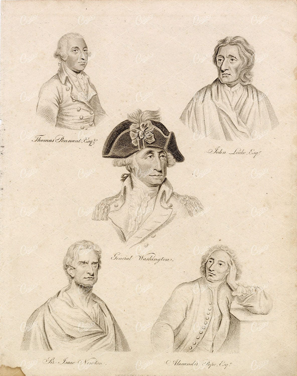 PORTRAITS - T. Pannant, General Washington, Isaac Newton, J. Locke, 1800s