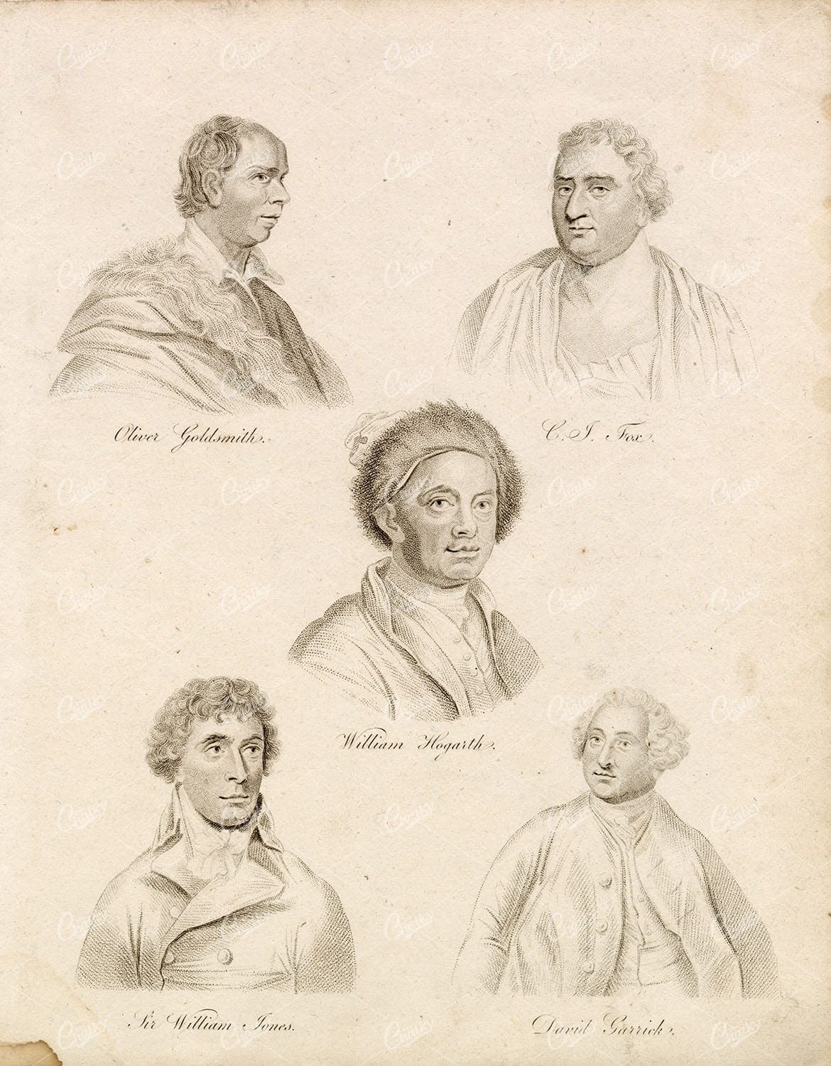 OLIVER Goldsmith, W. Jones, Hogarth, Garrick, C.J. Fox - Antique Portraits
