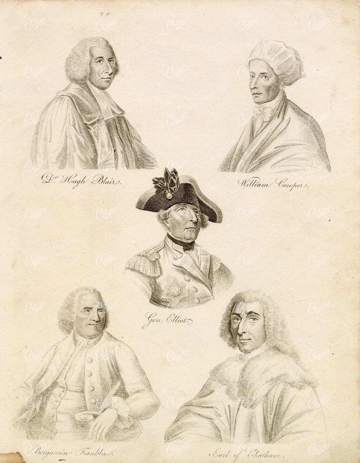 B. FRANKLIN, Dr. Blair, William Cooper, Gen. Elliot - RARE Antique Portraits