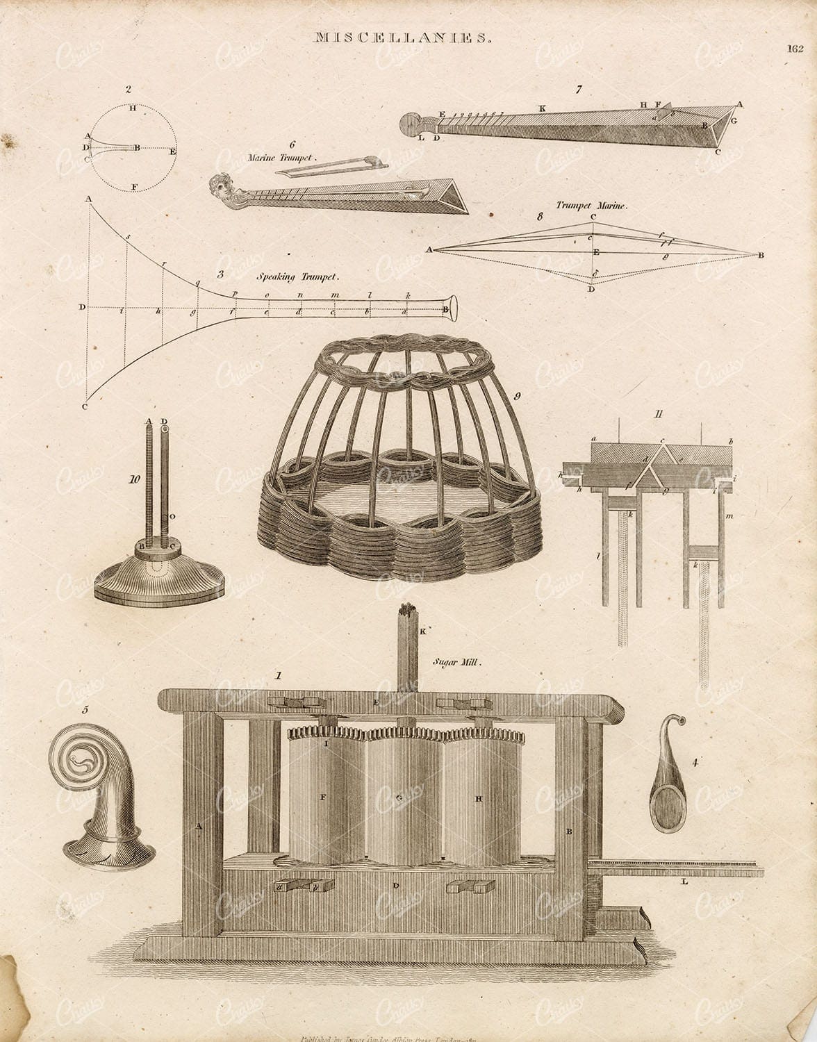 ANTIQUE Miscellanies Print - Sugar Mill, Trumpets - REES Encyclopaedia