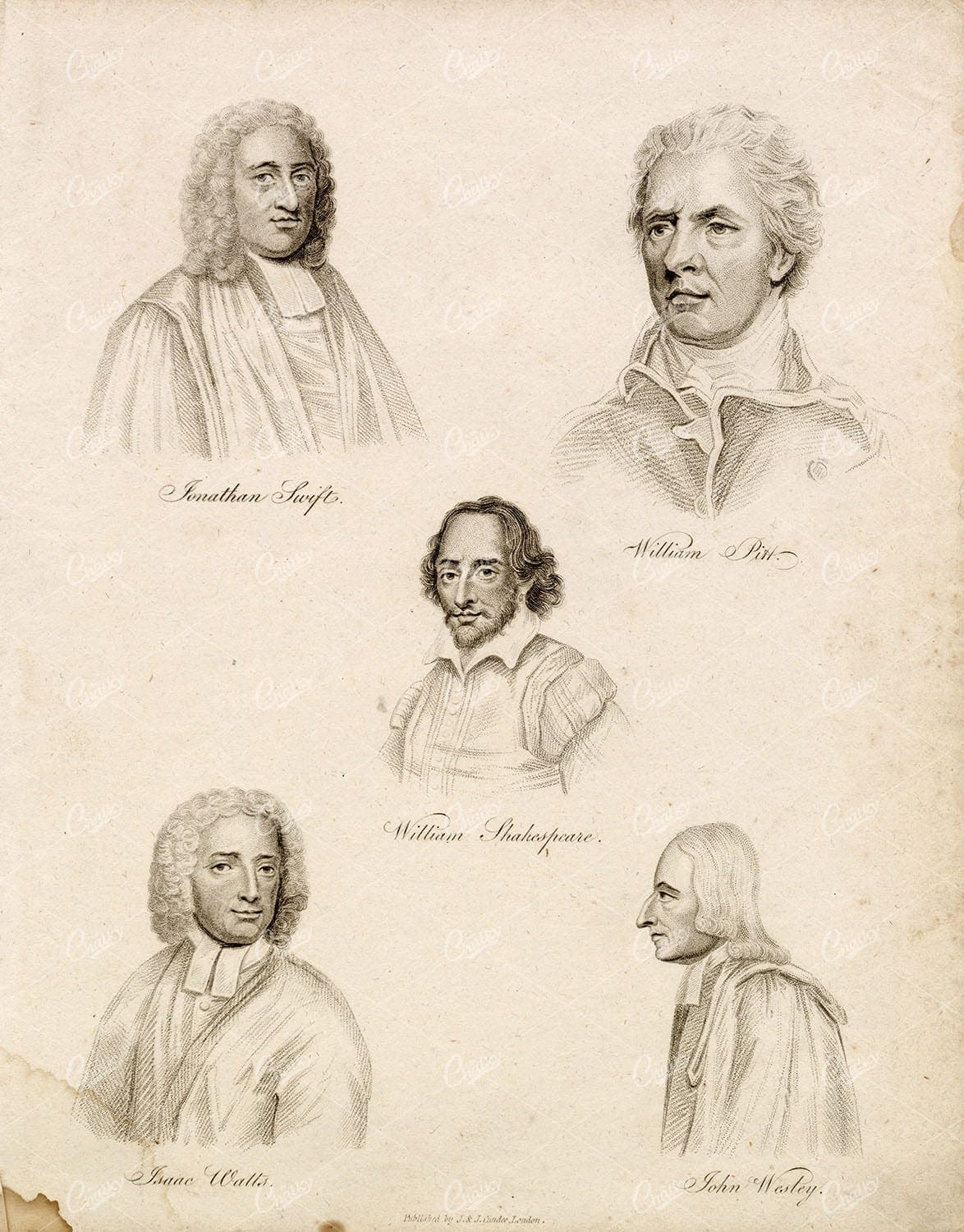 WILLIAM SHAKESPEARE, I. Watts, J. Swift, W. Pitt  - 1800s Portraiture