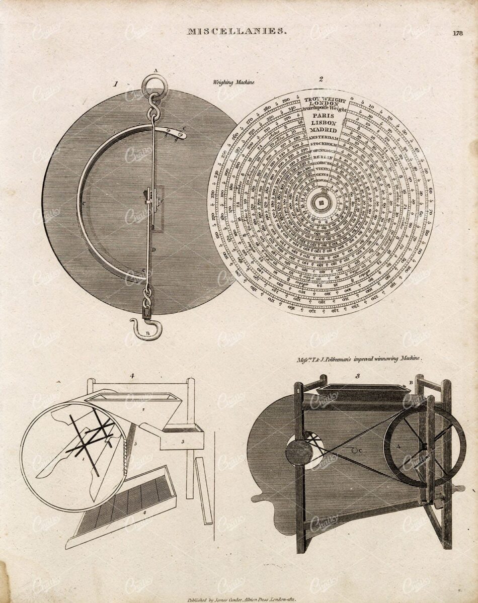 Weighing Machine And Winnowing Machine - Georgian Technical Engravings