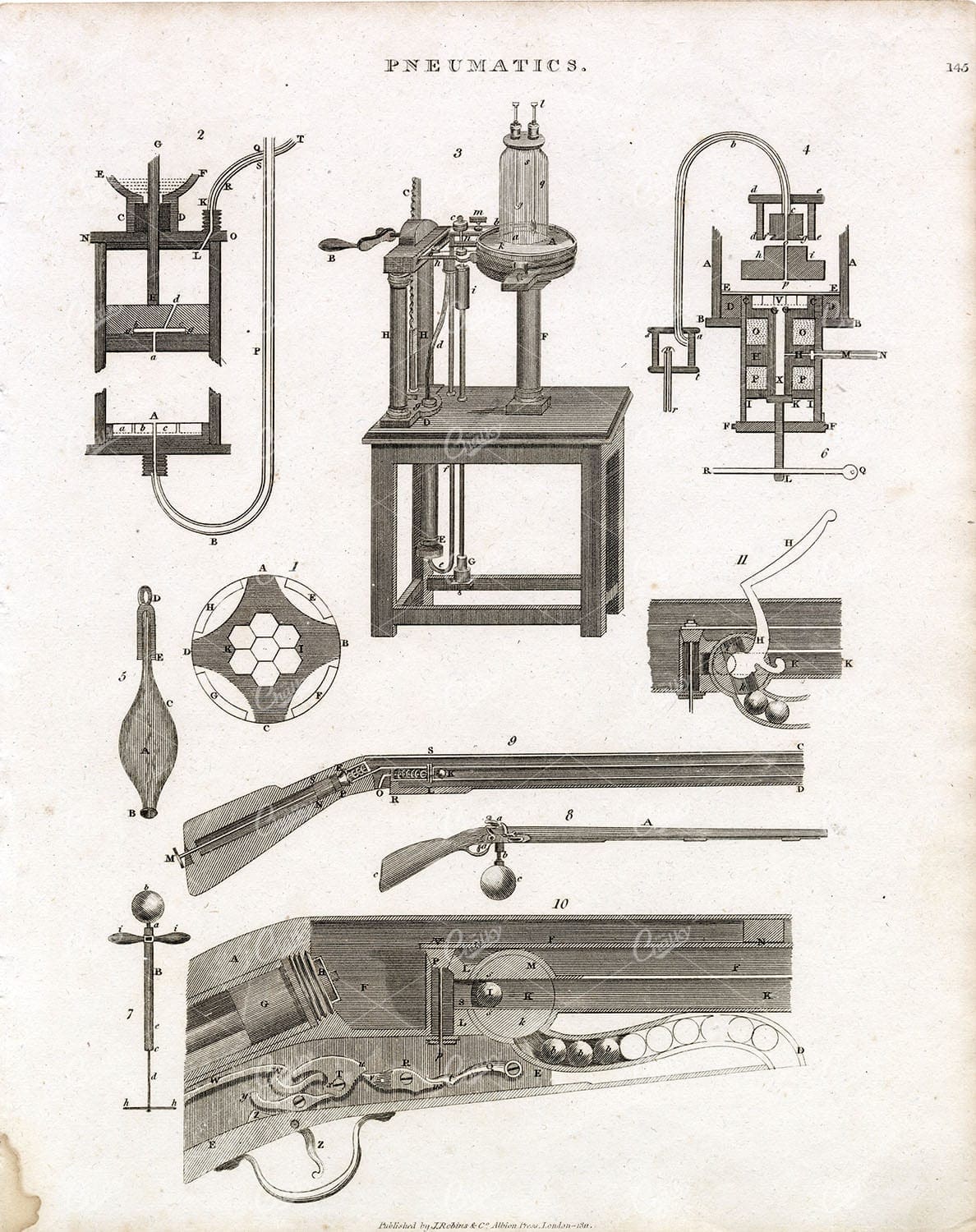 PNEUMATICS - Antique Engineering Print from Abraham REES Encyclopaedia