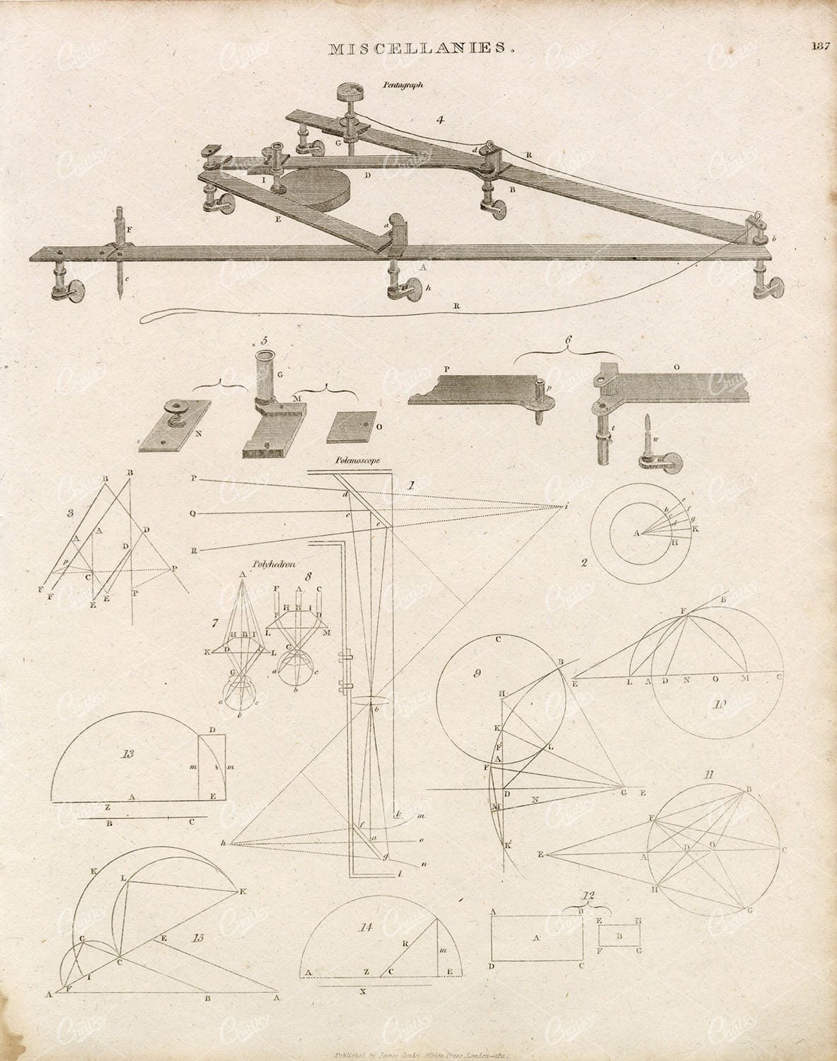 MISCELLANIES Antique Print - Pentagraph, Polemoscope, Polyhedron - 1800s