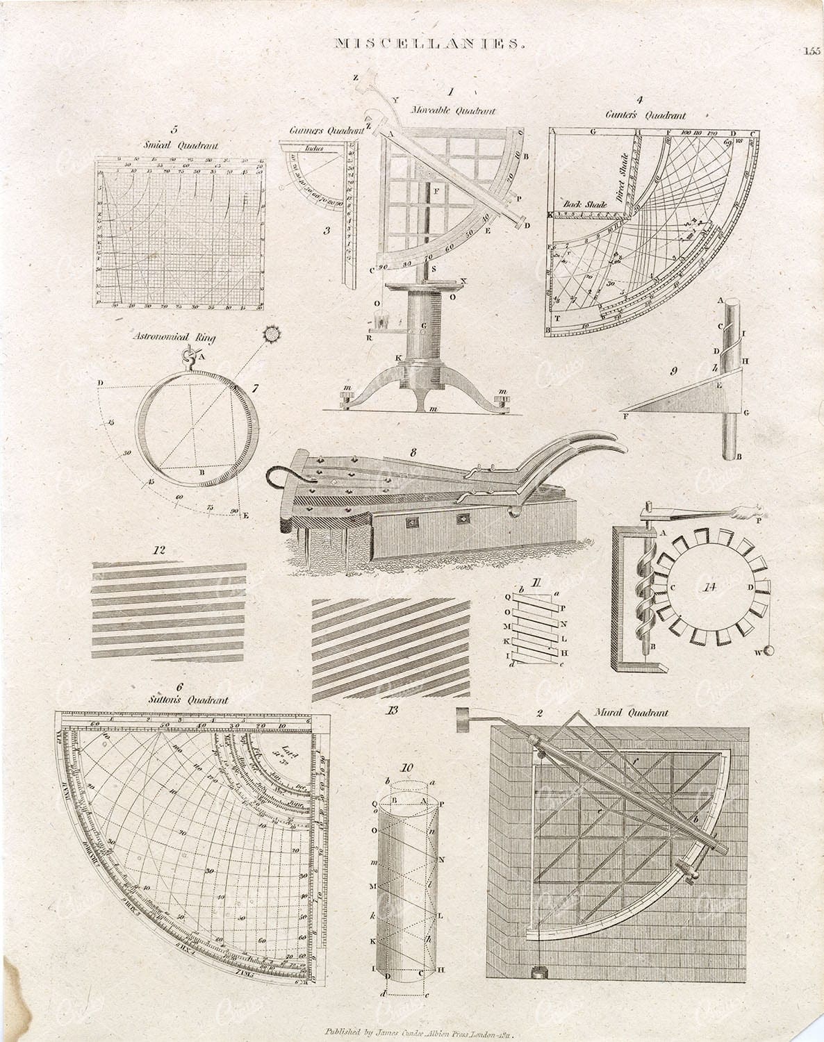ANTIQUE Miscellanies Print - Various Quadrants, Astronomical Ring - 1800s