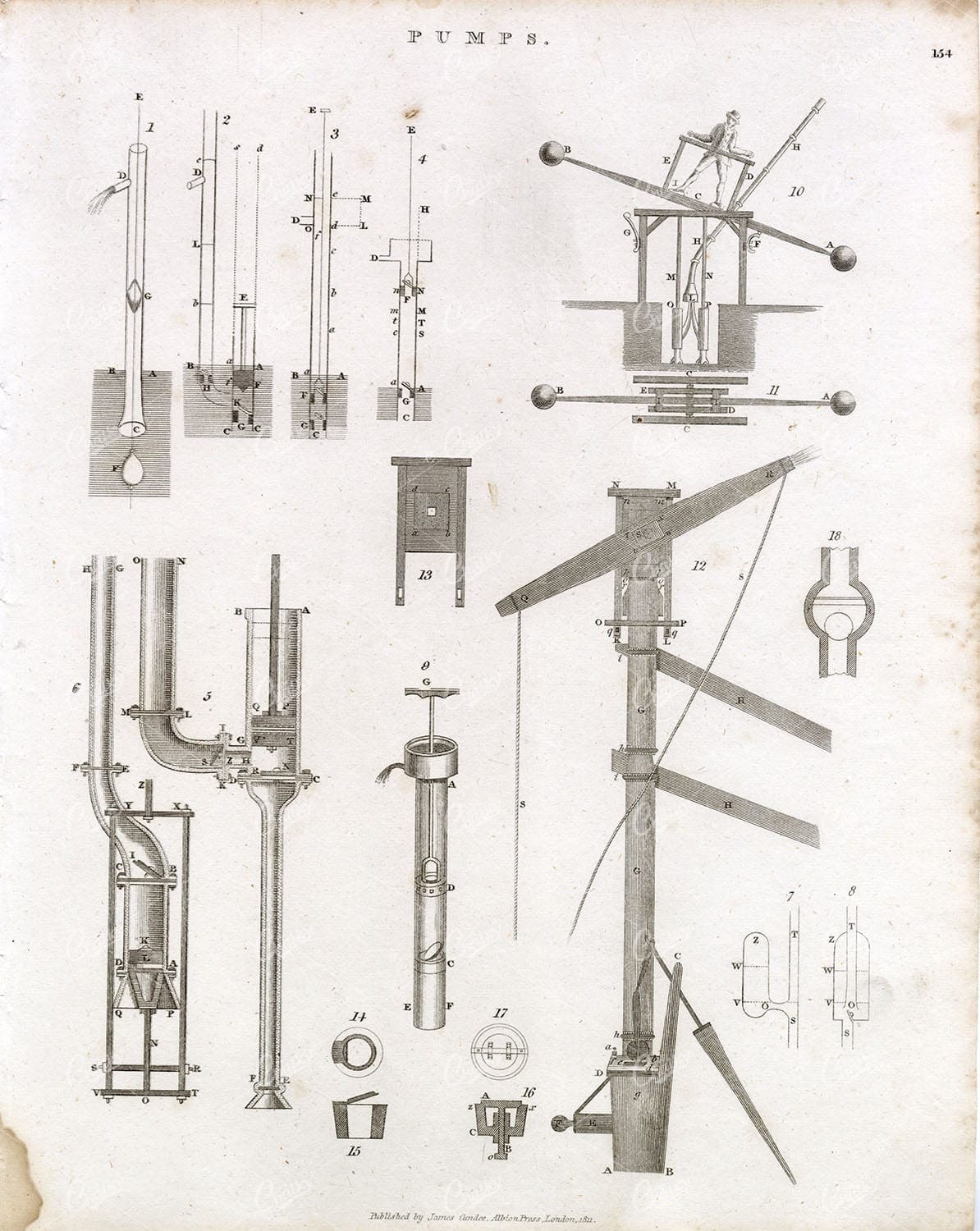 PUMPS - Antique Engineering Print - Abraham REES Encyclopaedia Plate 1800s
