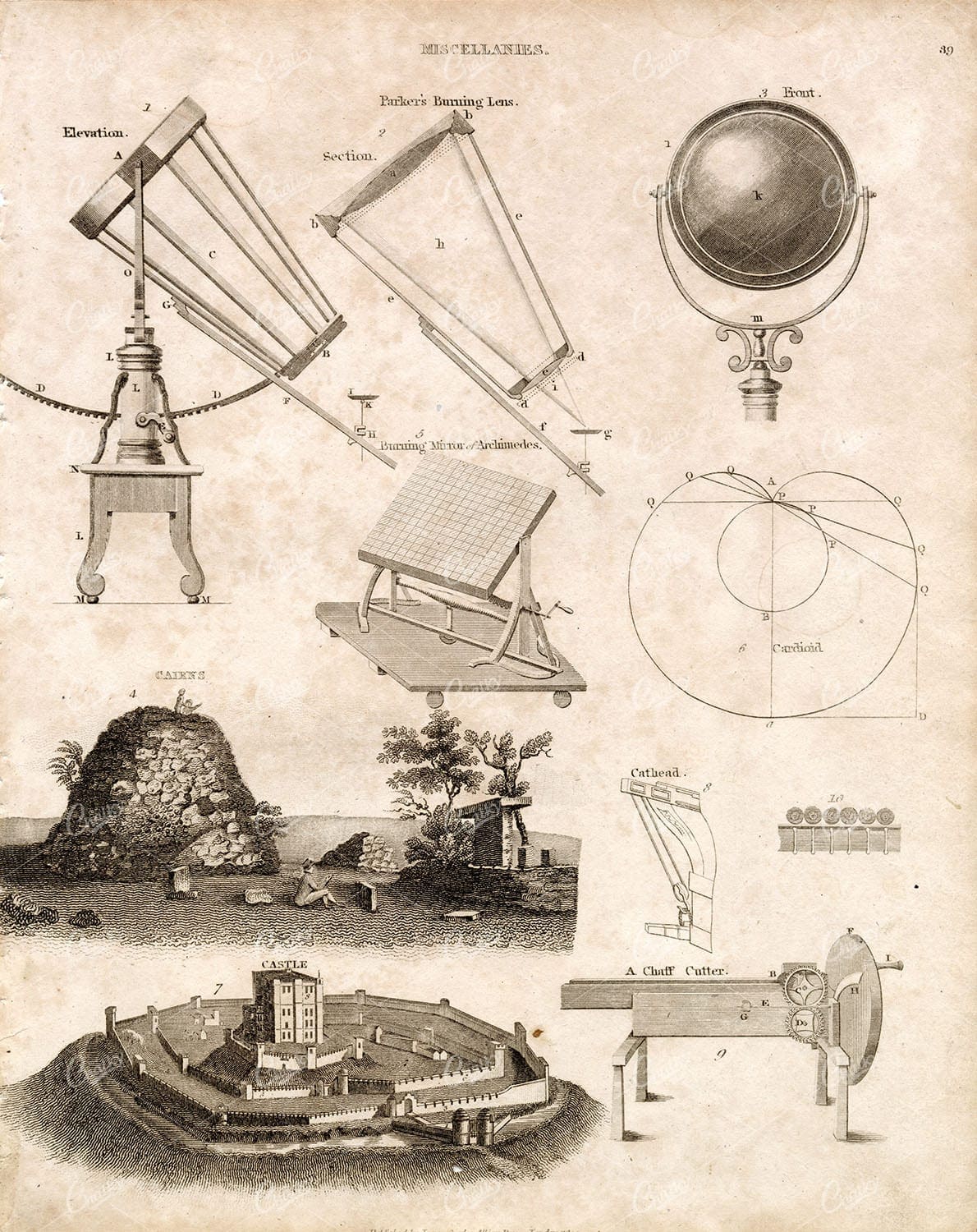 OLD Miscellanies Print - Parker's Burning Lens, Castle - 1800s REES Plate