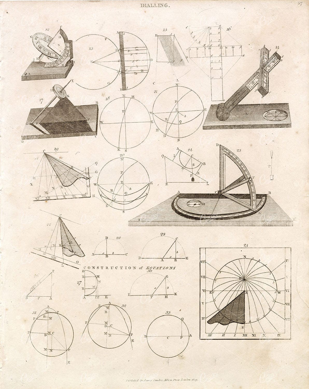 ANTIQUE DIALLING Print - Construction of Equations - REES 1800s Plate