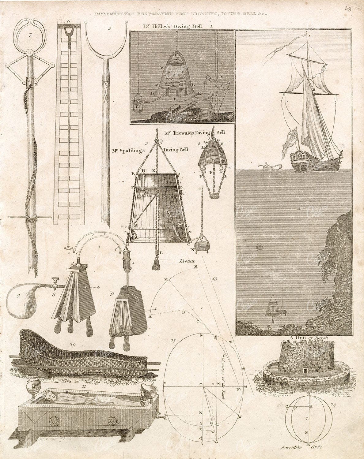 1800s Print - Implements of Restoration from Drowning, Diving Bell, etc.