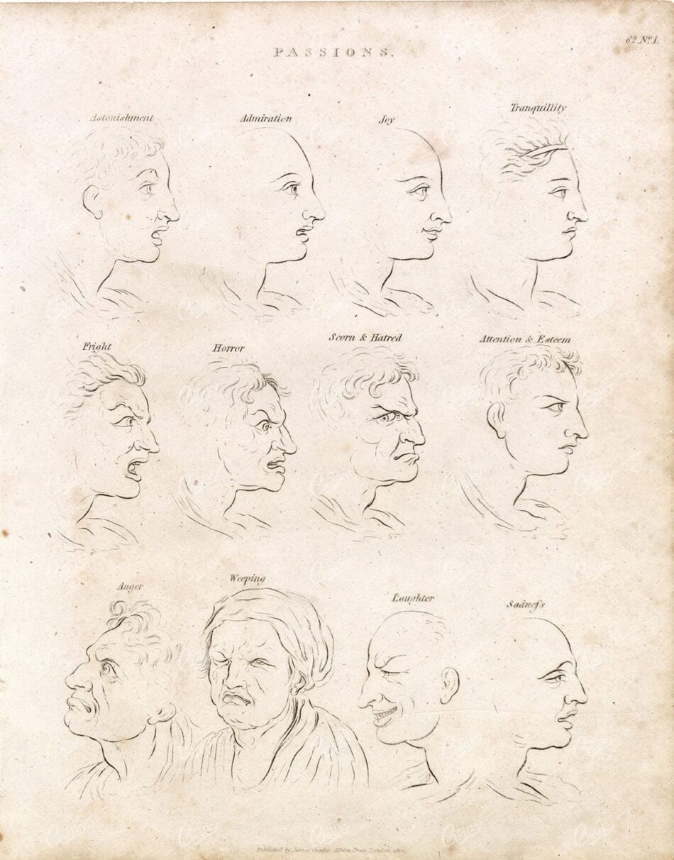 OLD Engraving of Various Emotions (Passions) - Abraham REES 1800s Print